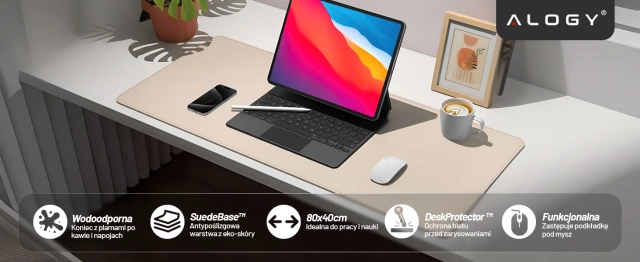 Podkładka na biurko 80×40 cm – antypoślizgowa mata ochronna z eleganckiej ekoskóry PU, pod mysz i klawiaturę, stylowa i trwała – Alogy WorkMat™ Beżowa