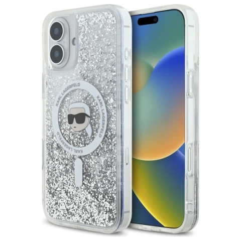 Etui Karl Lagerfeld für iPhone 16 Plus 6,7" Magsafe Hardcase Transparent Liquid Glitter Karl Head