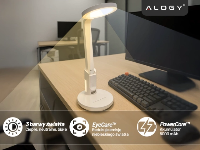 Lampka biurkowa nocna LED – akumulator 6000 mAh, regulacja światła i trybów, miejsce na telefon, stabilna, idealna do nauki i pracy – Alogy MultiStand™ Biała