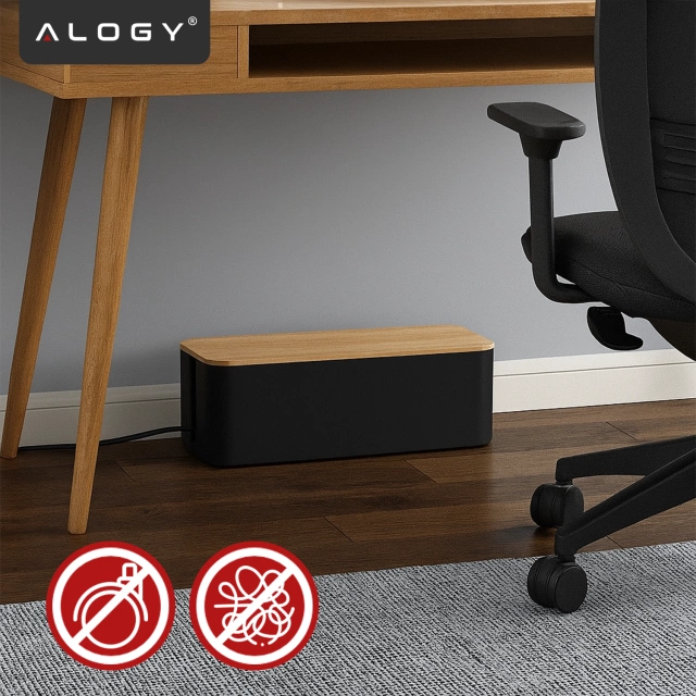 Organizer Pojemnik na Kable i Listwy, Pudełko Biurkowe i Podłogowe Rozmiar L, Estetyczne Wykończenie Drewno, Alogy CableBox™ – Czarny