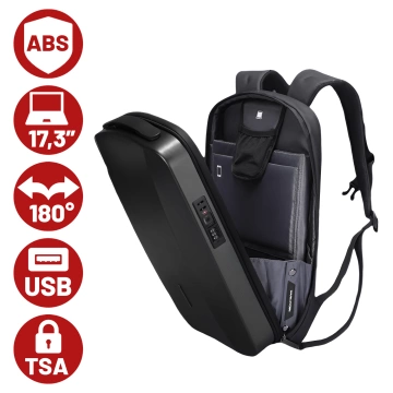 Mark Ryden 17,3"-Laptop-Rucksack, USB-Ladefunktion, wasserdicht, geräumig und praktisch, 180°-Öffnung, Diebstahlsicherung mit TSA-Schloss und Koffergurt, 46 x 31 x 9 cm – Schwarz