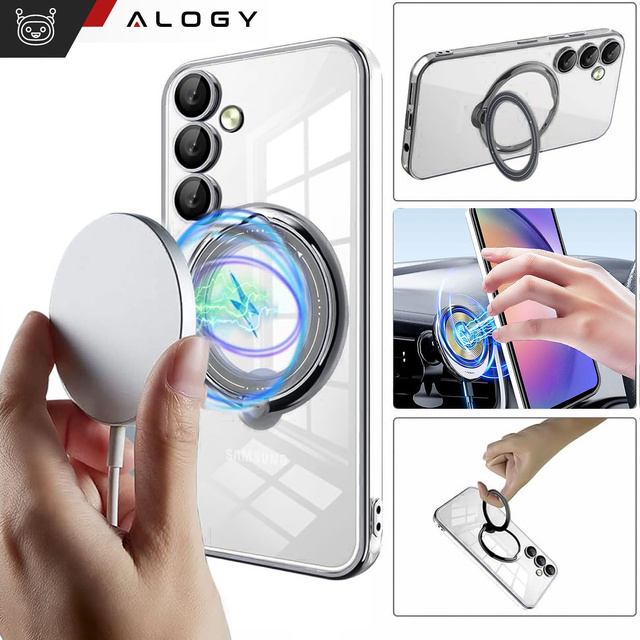 Etui do Samsung Galaxy S24+ Plus obudowa magnetyczne Ring Mag Safe Clear magnes do uchwytu Alogy Czarne przezroczyste + Ładowarka Qi
