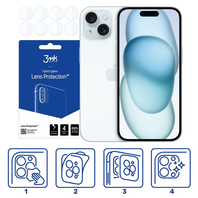 Szkło hybrydowe na aparat iPhone 15 osłona na obiektyw 3mk Lens Protection 4x zestaw
