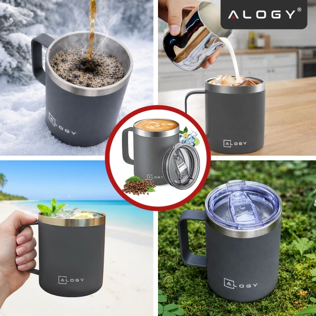 Kubek termiczny 420ml z uchwytem pokrywką na kawę herbatę stalowy zimne i ciepłe napoje Alogy Szary