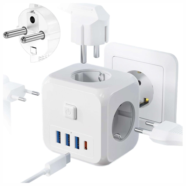 Netzwerk Splitter Splitter Ladegerät Adapter Dieb 3 Steckdosen EU 3x USB USB-C C 7in1 Alogy Weiß