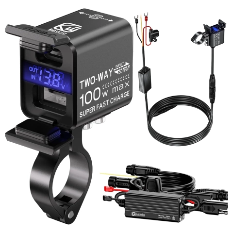 Kewig Motorradladegerät, universelles Aluminium-Ladegerät, 100 W, bidirektional mit Voltmeter, Schnellladefunktion über USB-A und USB-C, intelligent und wasserdicht – Schwarz