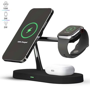 Qi Mag Safe 15W induktives Ladegerät für iPhone Apple Watch AirPods kabellose 5-in-1-Dockingstation Schwarz