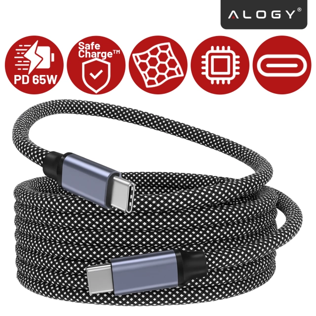 Kabel Zasilający USB-C do USB-C 65W 1m, Szybkie Ładowanie PD, Magnetyczny, Trwały i Elastyczny Przewód Alogy MagiCharge™ – Czarny + Ładowarka Sieciowa 3w1 65W