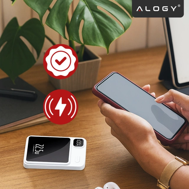 PowerBank Bezprzewodowy 10000mAh z Technologią MagSafe, Szybkie Ładowanie 22.5W PD20W, Kompaktowy i Magnetyczny, Alogy MagCharge™ – Biały