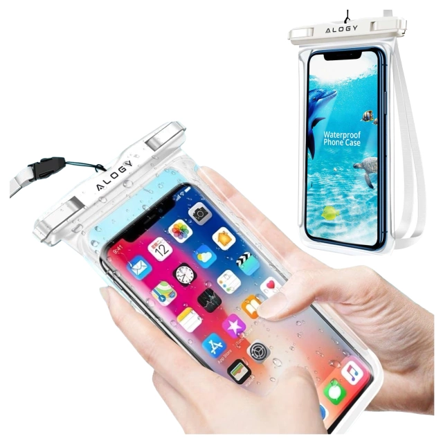Etui Wodoodporne Uniwersalne IPX8 do Telefonów do 6.5", Wodoszczelna Ochrona na Plażę, Basen i Kajak, Dotykowy Front i Pasek na Szyję, Alogy HydroShield™ – Białe