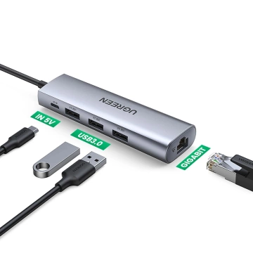 Ugreen CM266 USB-A 3.0 RJ45 Adapter 3x USB-A Micro USB Hub 5in1 Grau