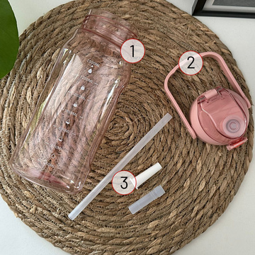 Motivierende Trinkflasche mit Strohhalm, 1,5 l, Erinnerung, motivierender Messbecher, Henkel, rosa