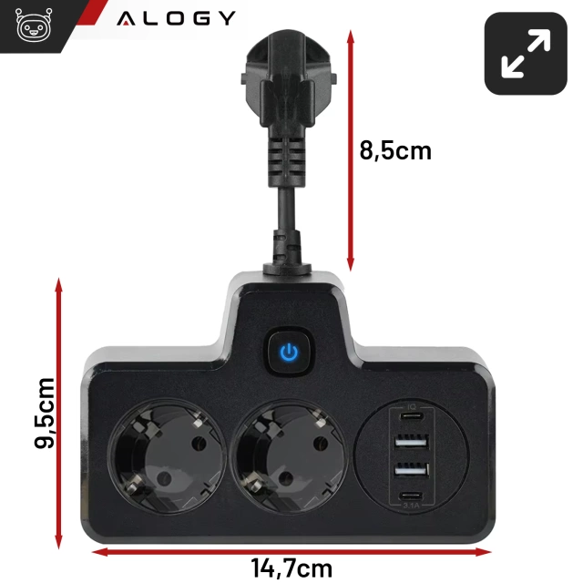 Rozgałęźnik gniazdka Alogy Plug Extender rozdzielacz adapter przedłużacz 2x wtyczka EU + 2x USB + 2x USB-C Czarny