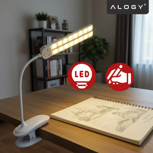 Lampka biurkowa nocna LED – akumulator 4000 mAh, podwójne oświetlenie, elastyczne ramię, klips z regulacją, idealna do biurka i łóżka – Alogy SmartClip™ Light Biała