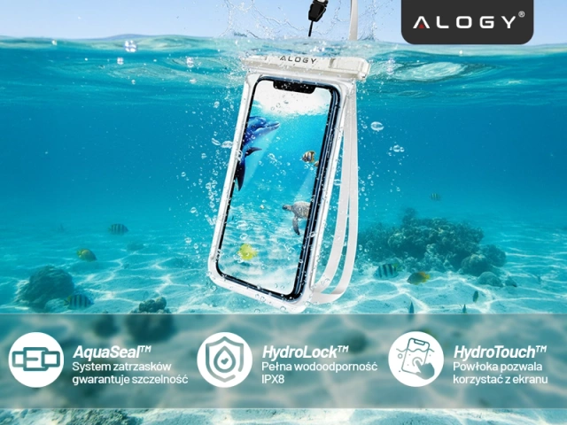 Etui Wodoodporne Uniwersalne IPX8 do Telefonów do 6.5", Wodoszczelna Ochrona na Plażę, Basen i Kajak, Dotykowy Front i Pasek na Szyję, Alogy HydroShield™ – Białe