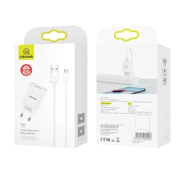 USAMS Ładowarka sieciowa 1x USB T21 micro USB biały/white 2,1A Fast Charging T21OCMC01