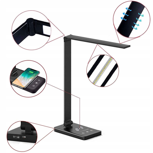 Lampa lampka biurkowa LED z ładowarką indukcyjną do telefonu QI szkolna Czarna