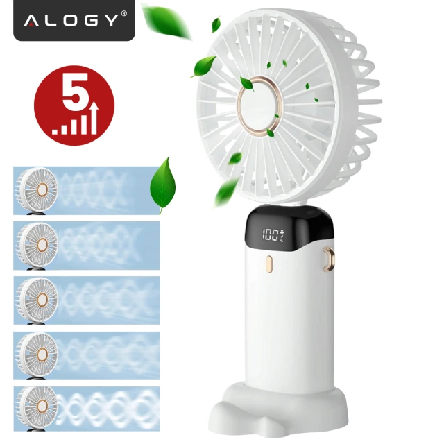 Wentylator Wiatrak Ręczny Bezprzewodowy, Przenośny i Biurkowy, z Uchwytem na Telefon, Ładowanie USB-C, Bateria 18650, Alogy CoolBreeze™ – Biały