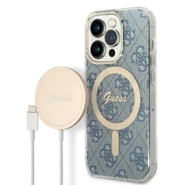 Zestaw Guess GUBPP14LH4EACSB Case Charger iPhone 14 Pro 6,1" niebieski/blue Hartschalenetui 4G Print MagSafe