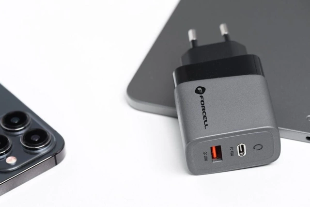 Ładowarka sieciowa Forcell GaN 45W USB-C + USB-A PD QC SFC Szara