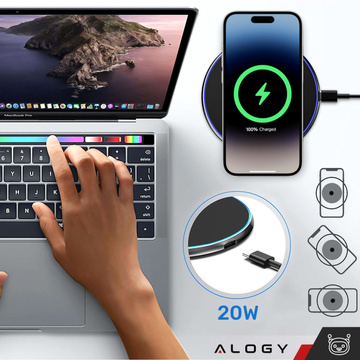 QI kabelloses induktives Ladegerät 20 W schnelles LED Alogy rundes starkes USB-C-Kabel Schwarz