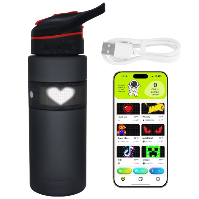 Butelka Bidon na Napoje LED, Inteligentna z Wyświetlaczem i Łącznością Bluetooth, Słomka, Motywacyjna, Wielokrotnego Użytku, Alogy FitBottle™ 800ml - Czarna