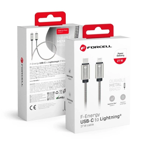 Kabel USB-C do Lightning 27W 1m Forcell Stalowy PD iPhone iPad