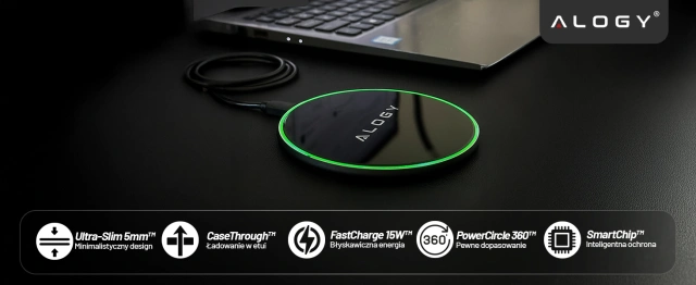 Ładowarka indukcyjna Ultra-Slim Qi 15W – bezprzewodowa, szybkie ładowanie z podświetleniem LED, okrągła do iPhone Samsung, w zestawie kabel USB-C – Alogy SlimCharge™ Czarna