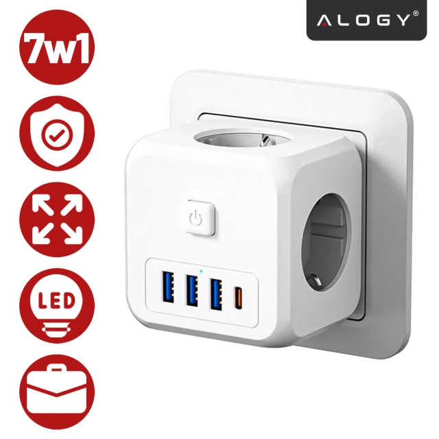 Rozgałęźnik sieciowy rozdzielacz Ładowarka adapter złodziejka 3 gniazdka EU 3x USB + USB-C C 7w1 Alogy Biały