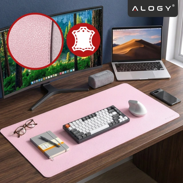 Podkładka na biurko 120×60 cm – antypoślizgowa mata ochronna z eleganckiej ekoskóry PU, pod mysz i klawiaturę, stylowa i trwała – Alogy WorkMat™ Różowa