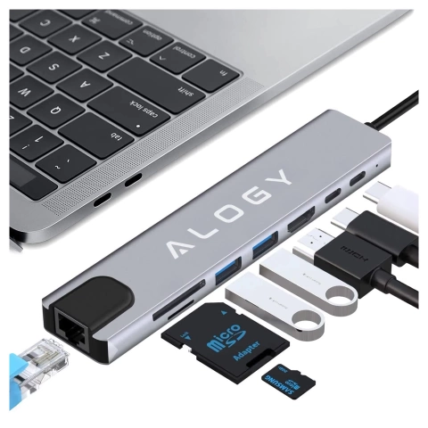 8-in-1-Hub mit USB-C auf 2xA, 2xC, HDMI, SD, Micro-LAN 100 Mbit/s – Alogy MultiHub™ für Notebooks und Laptops
