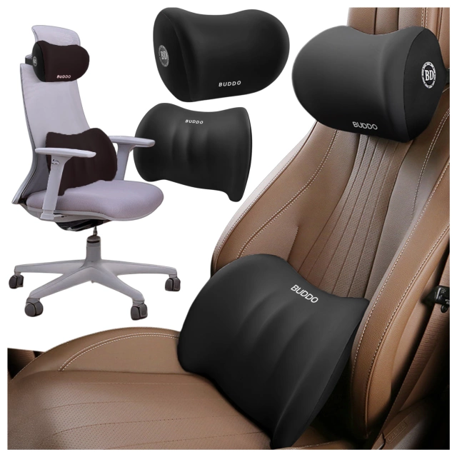 Poduszka samochodowa zestaw 2 poduszek lędźwiowa i na zagłówek wspierająca plecy lędźwia i szyję pianka zapamiętująca Czarna