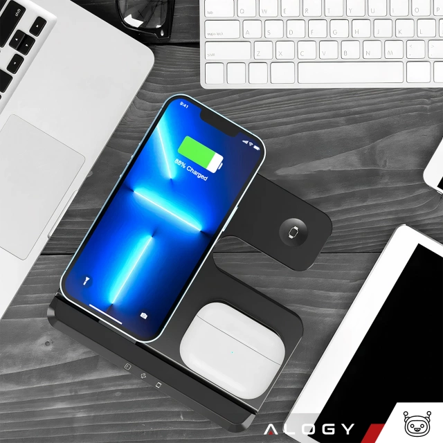 Ładowarka Bezprzewodowa Indukcyjna Qi QC 3.0 3w1 Szybka do Apple iPhone Airpods Watch Stacja ładująca 15W czarna