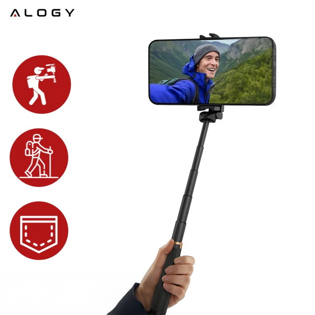 Selfie Stick Mini Tripod stabilny kompaktowy lekki Kijek do Selfie i Statyw Rozkładany 360° z Pilotem Bluetooth 10m, Stojak do Zdjęć i Nagrywania, Alogy FlexiShot™ Czarny