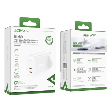 Acefast GaN Wandladegerät (UK Stecker) 2x USB Typ C 50W, Power Delivery, PPS, Q3 3.0, AFC, FCP (A32 UK)