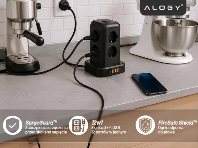 Przedłużacz 12w1 Rozdzielacz wieża ładująca Alogy ChargeTower Pro 2500W 8x gniazdo ładujące 3x USB.A 1x USB.C kabel 1.8m Czarny