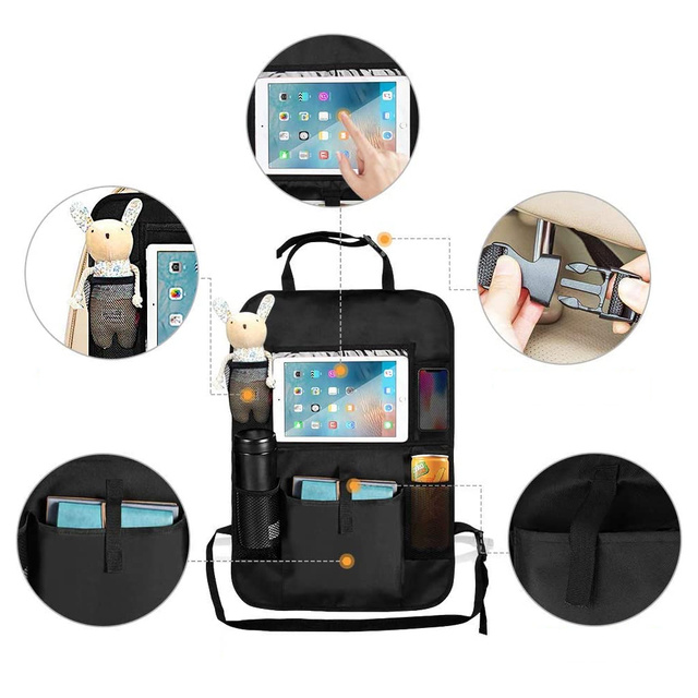 Organizer samochodowy na fotel pokrowiec podróżny do auta ochraniacz + 2x uchwyt na zagłówek 4in1