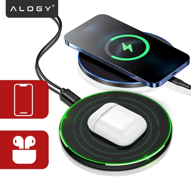 Ładowarka indukcyjna Ultra-Slim Qi 15W – bezprzewodowa, szybkie ładowanie z podświetleniem LED, okrągła do iPhone Samsung, w zestawie kabel USB-C – Alogy SlimCharge™ Czarna