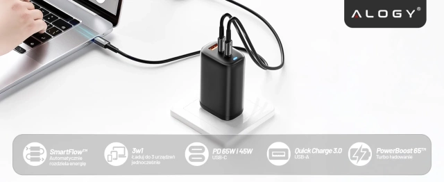 Ładowarka Sieciowa 3w1 z Technologią GaN3 65W, Szybkie Ładowanie PD i QC, Porty 2x USB-C 65W + USB-A 30W, Kompaktowa i Wydajna, Alogy GaNCharge Compact™ – Czarna