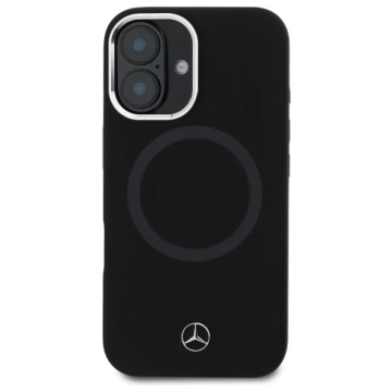 Mercedes-Hülle für iPhone 16 6,1 Zoll, schwarzes Hardcase, Ton-in-Ton-Logo aus Silikon, MagSafe