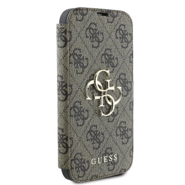 Guess 4G Metal Logo Book Case do iPhone 16 6,1″ – brązowe, z funkcją podstawki