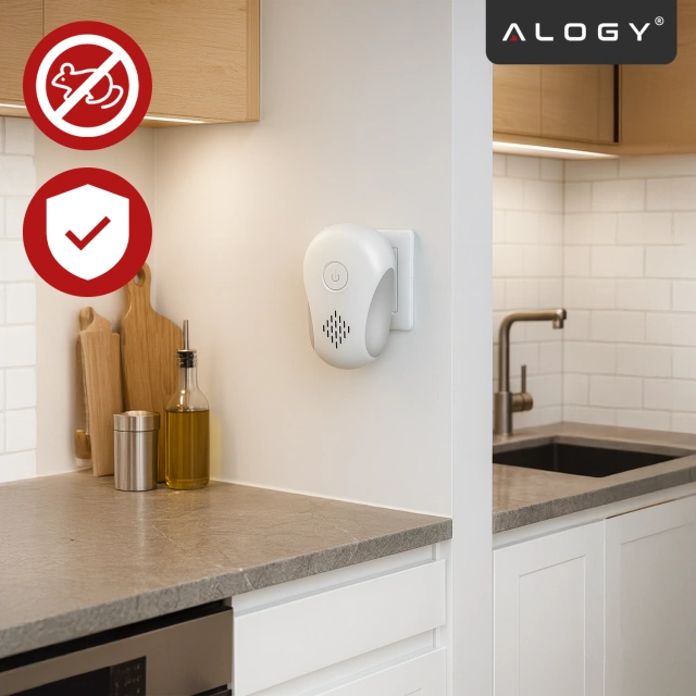 Odstraszacz Szkodników do 250 m² Ultradźwiękowy do Gniazdka, Przeciwko Owadom, Komarom, Muchom, Myszom, Karaluchom, Bez Chemii, Alogy DuoGuard™ – Biały