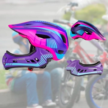 Rockbros TT-32SBPP-M Kinderfahrradhelm mit abnehmbarem Kinnbügel, Größe M – Lila-Pink