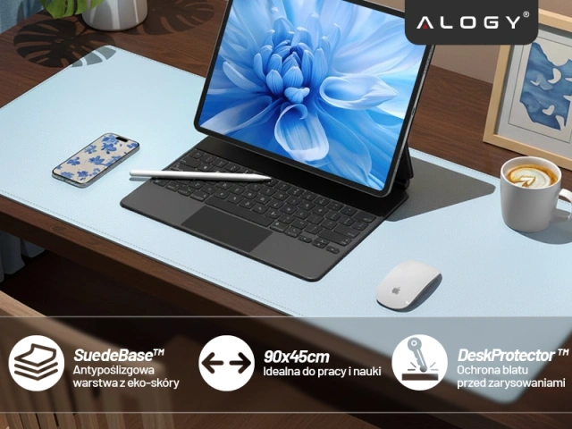 Podkładka na biurko 90×45 cm – antypoślizgowa mata ochronna z eleganckiej ekoskóry PU, pod mysz i klawiaturę, stylowa i trwała – Alogy WorkMat™ Niebieska