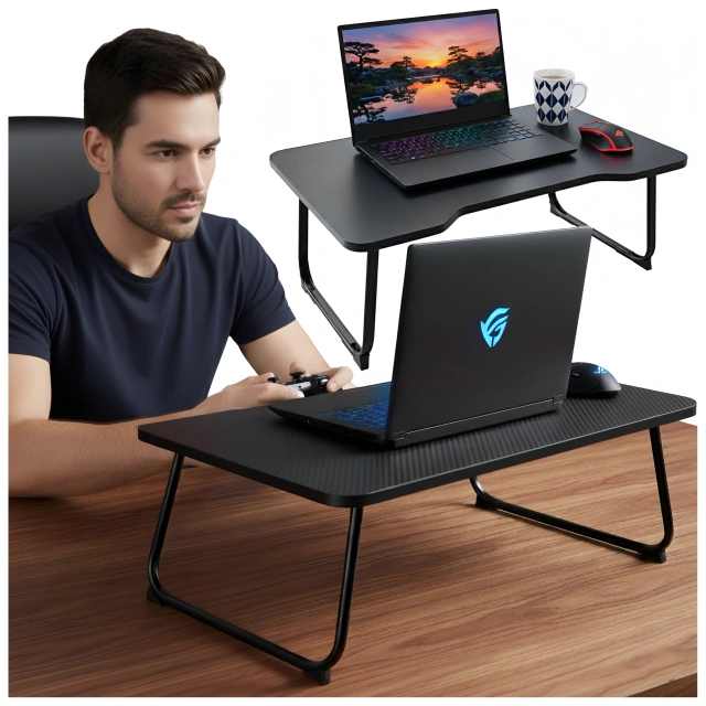 Stolik składany gamingowy 60×40 cm – biurko na laptopa z powierzchnią Carbon, lekki i przenośny, stabilna konstrukcja do domu i grania – Alogy CarbonDesk™ Czarny