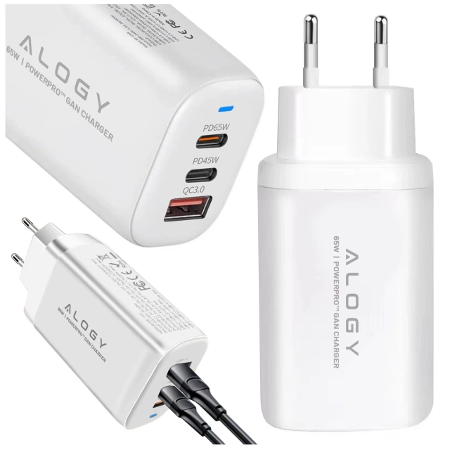 Ładowarka Sieciowa 3w1 z Technologią GaN3 65W, Szybkie Ładowanie PD i QC, Porty 2x USB-C 65W + USB-A 30W, Kompaktowa i Wydajna, Alogy GaNCharge Compact™ – Biała