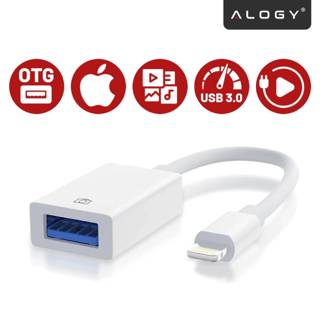 Przejściówka Adapter USB OTG USB-A 3.0 do Lightning, Kabel do iPhone i iPad, Obsługa Pendrive, Szybki Transfer Danych, Alogy OTGLink™ – Biały