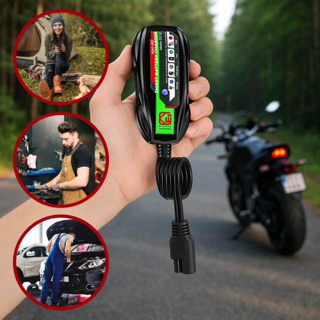 Ładowarka do Akumulatorów Motocyklowych Kewig B12 – Prostownik Mini z Podłączeniem do Akumulatora, USB-C z Gniazdka lub Powerbanku, Inteligentna z Zabezpieczeniami