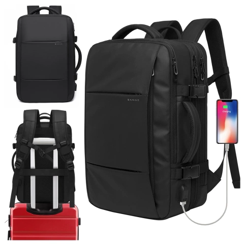 Plecak wodoodporny Bange na laptopa 15.6" miejski podróżny 47x31x15-25 cm do pracy samolotu męski damski z portem USB Czarny