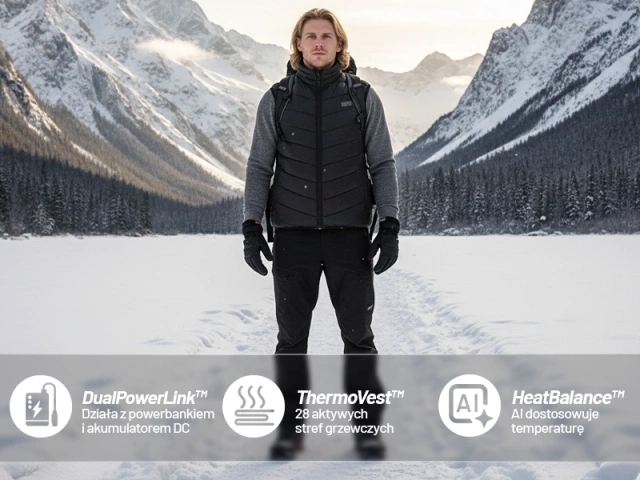 Kamizelka grzewcza z 28 strefami – 4-stopniowa regulacja temperatury, zasilanie USB, idealna na zimę i aktywności outdoor – Alogy ThermoVest™ Czarna (L)